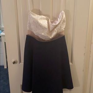 white gold lace, mesh, and navy dress